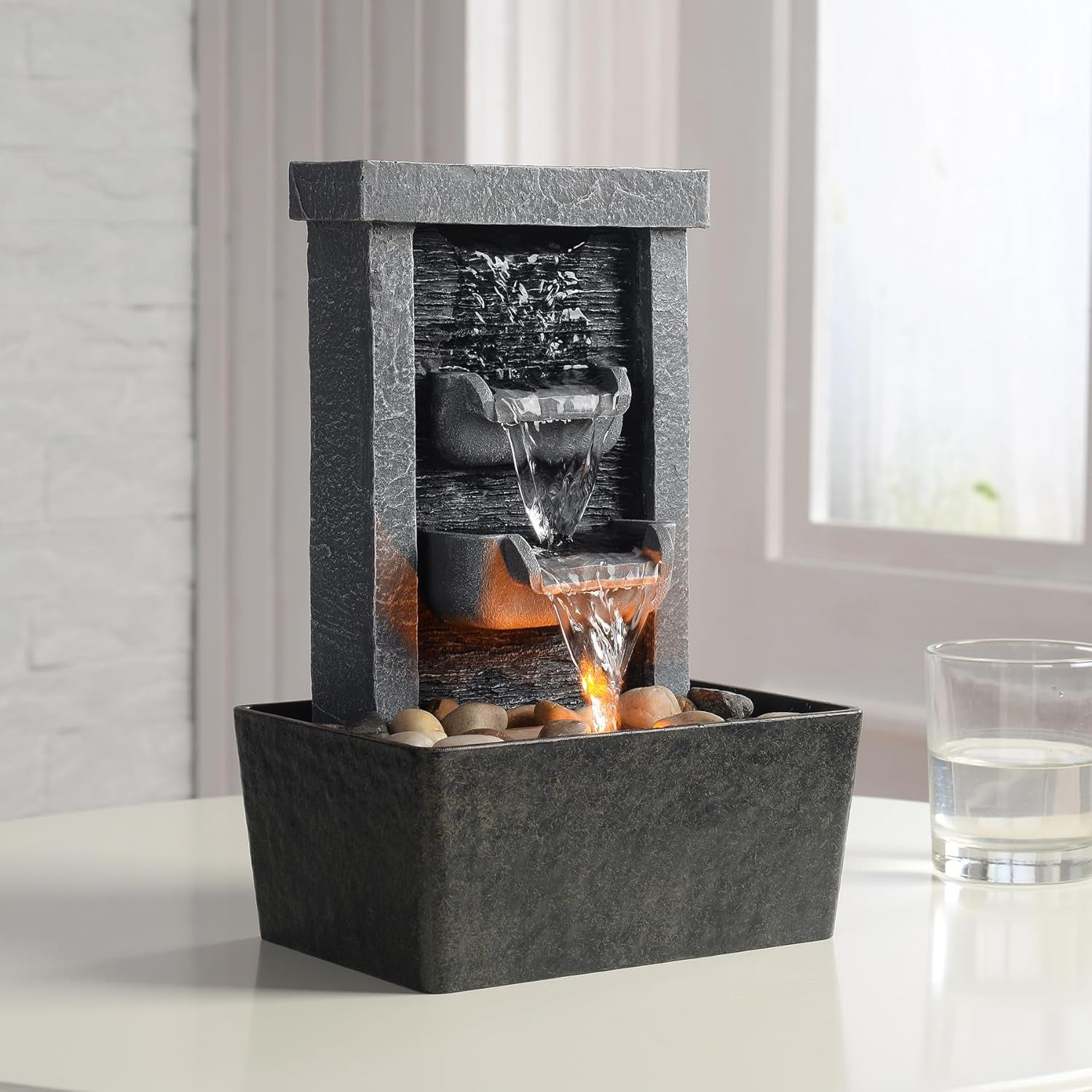Indoor Waterfall Fountain, 10.3" Tabletop Water Fountain with LED Lights & River Rocks, Relaxing Home Office Decor