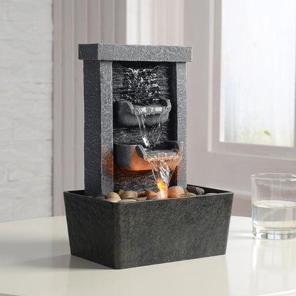 Indoor Waterfall Fountain, 10.3" Tabletop Water Fountain with LED Lights & River Rocks, Relaxing Home Office Decor