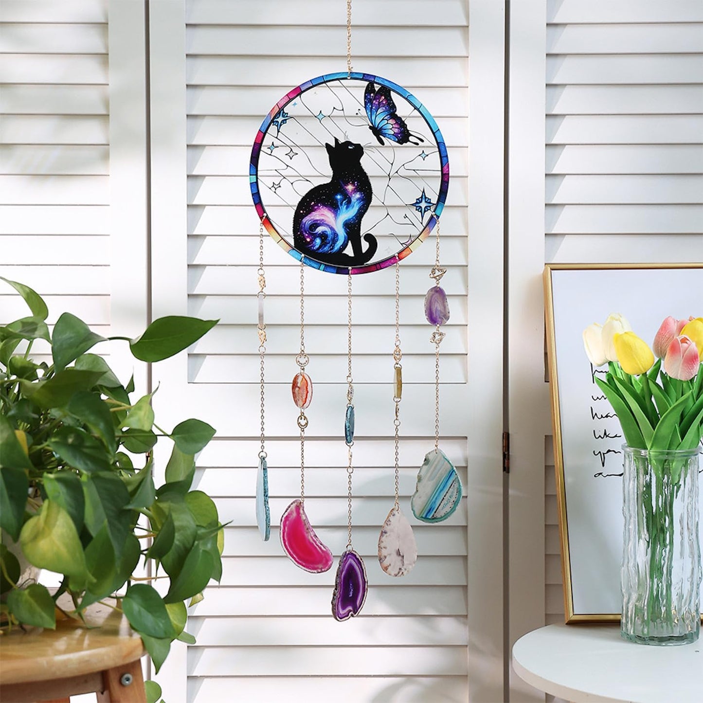 Butterfly Black Cat Acrylic Window Hanging Suncatcher,Natural Agate Gem Dream Catchers Crystal Wind Chime for Home Garden Decor, Cat Lovers Gifts Ornament for Women (Butterfly&Cat Pattern)