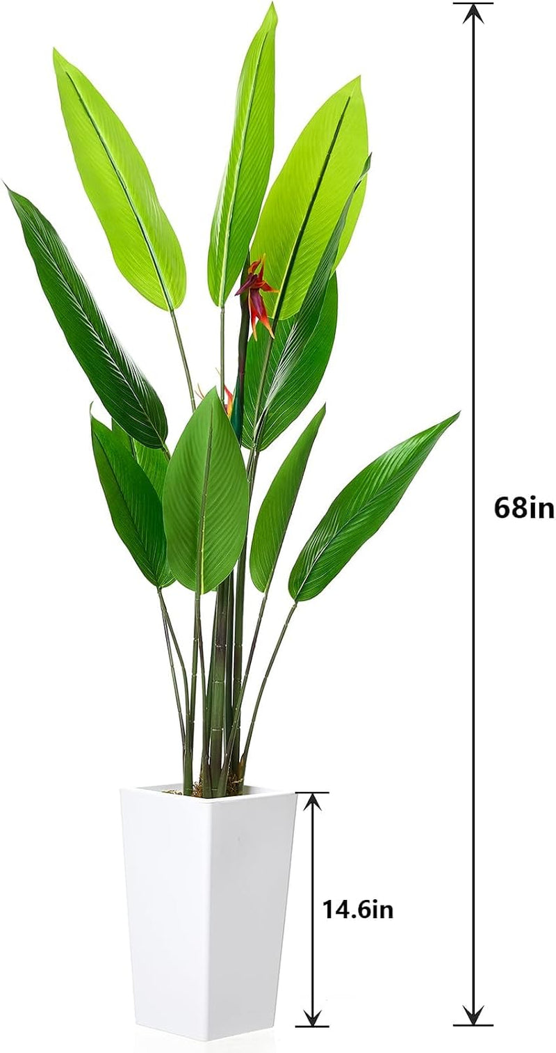 5.6 FT Artificial Bird of Paradise Tree with Artificial Flowers, Faux Artificial Plants for Indoor&Outdoor with 12 Leaves Fake Banana Leaf Plant Artificial Palm Tree with White Tall Planter