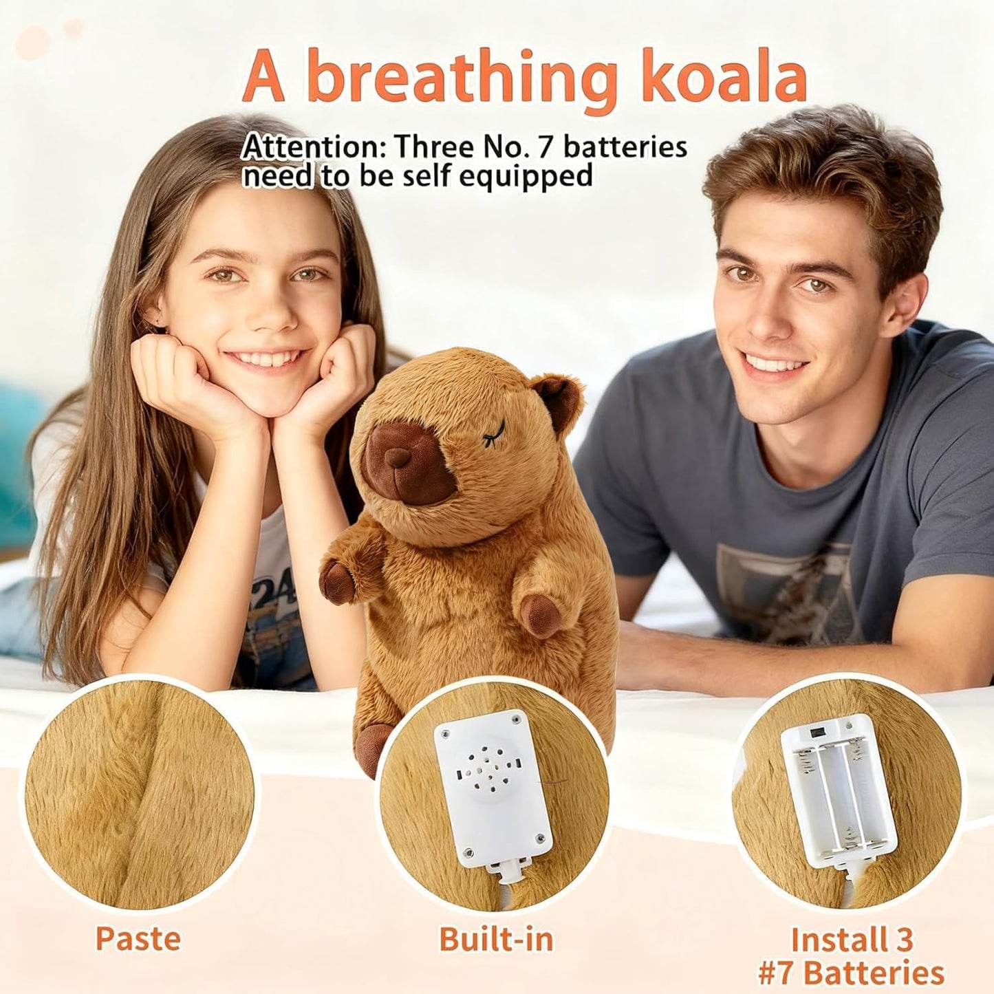 Breathing Stuffed Animal, Breathing Plush, Simulated Breathing Sounds, 4 Gear Adjustment, Volume Control, Portable Plush Toy with Music & Lights