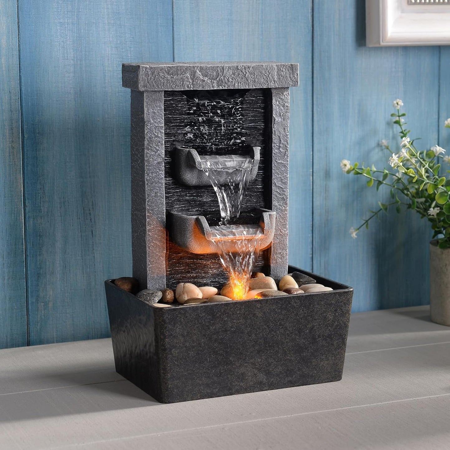 Indoor Waterfall Fountain, 10.3" Tabletop Water Fountain with LED Lights & River Rocks, Relaxing Home Office Decor