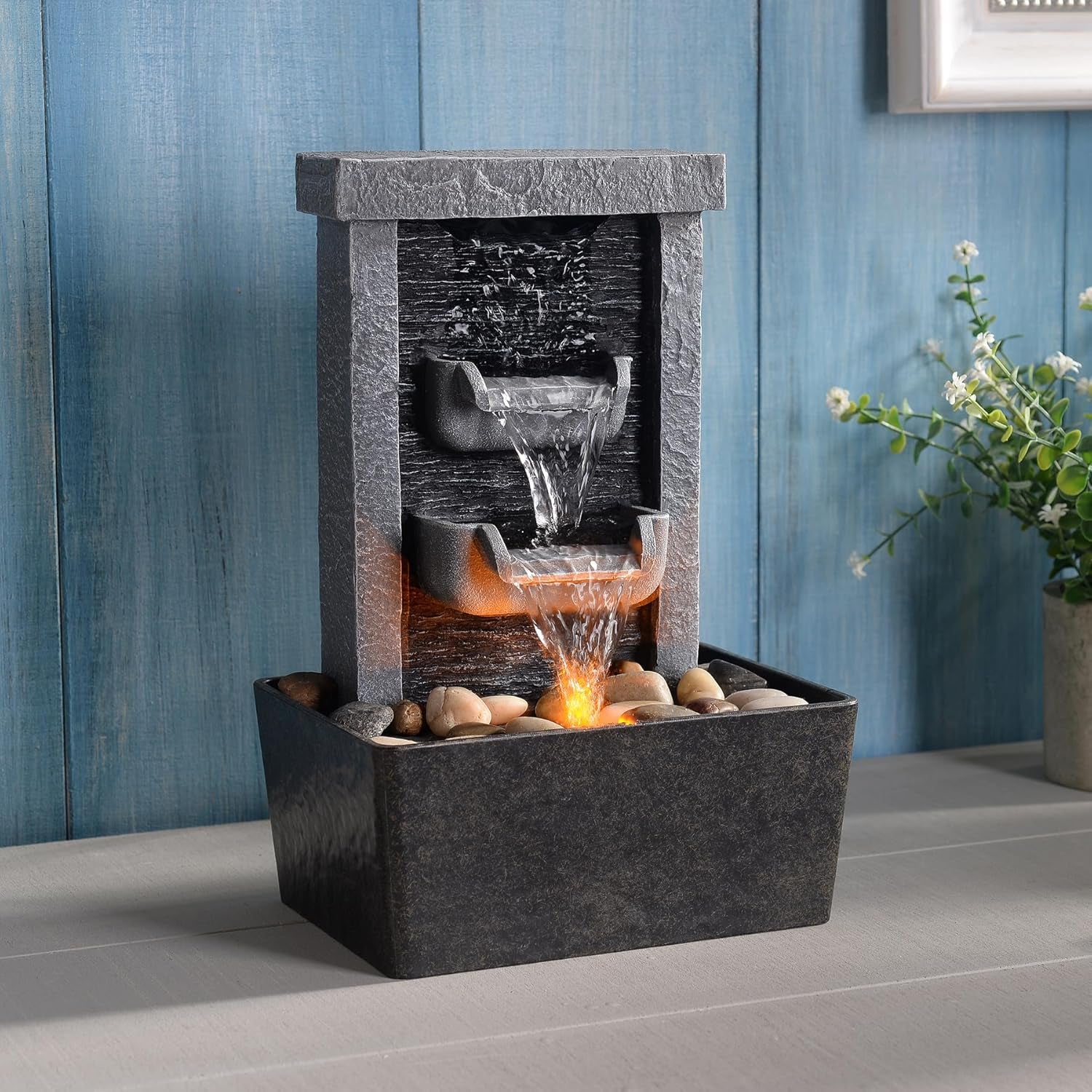 Indoor Waterfall Fountain, 10.3" Tabletop Water Fountain with LED Lights & River Rocks, Relaxing Home Office Decor