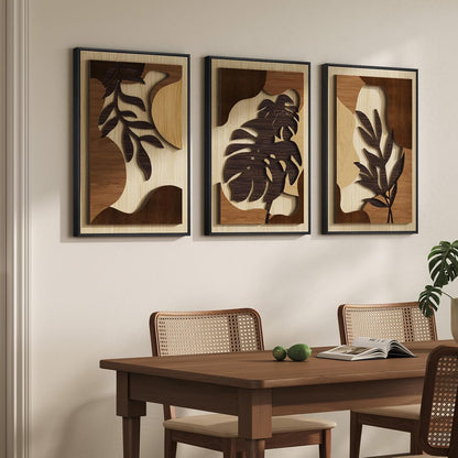 Framed Wood 3D Boho Textured Wall Art for Living Room, Large 3 Piece Carved Wooden Tropical Botanical Artwork for Walls, Brown Monstera Leaf Wood Bedroom Dining Room Home Office Wall Decor, 20X30 Inch