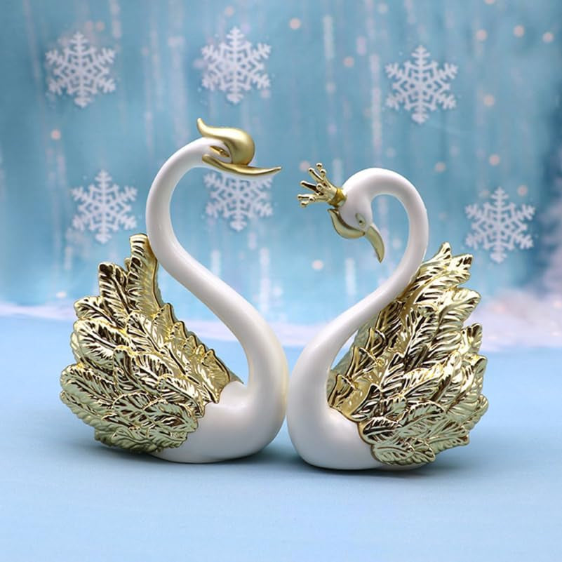 Swan Cake Toppers Set with Crown Swan Figurine Creative 2-Piece Cake Decoration for Birthday Wedding Desktop & Car Ornament
