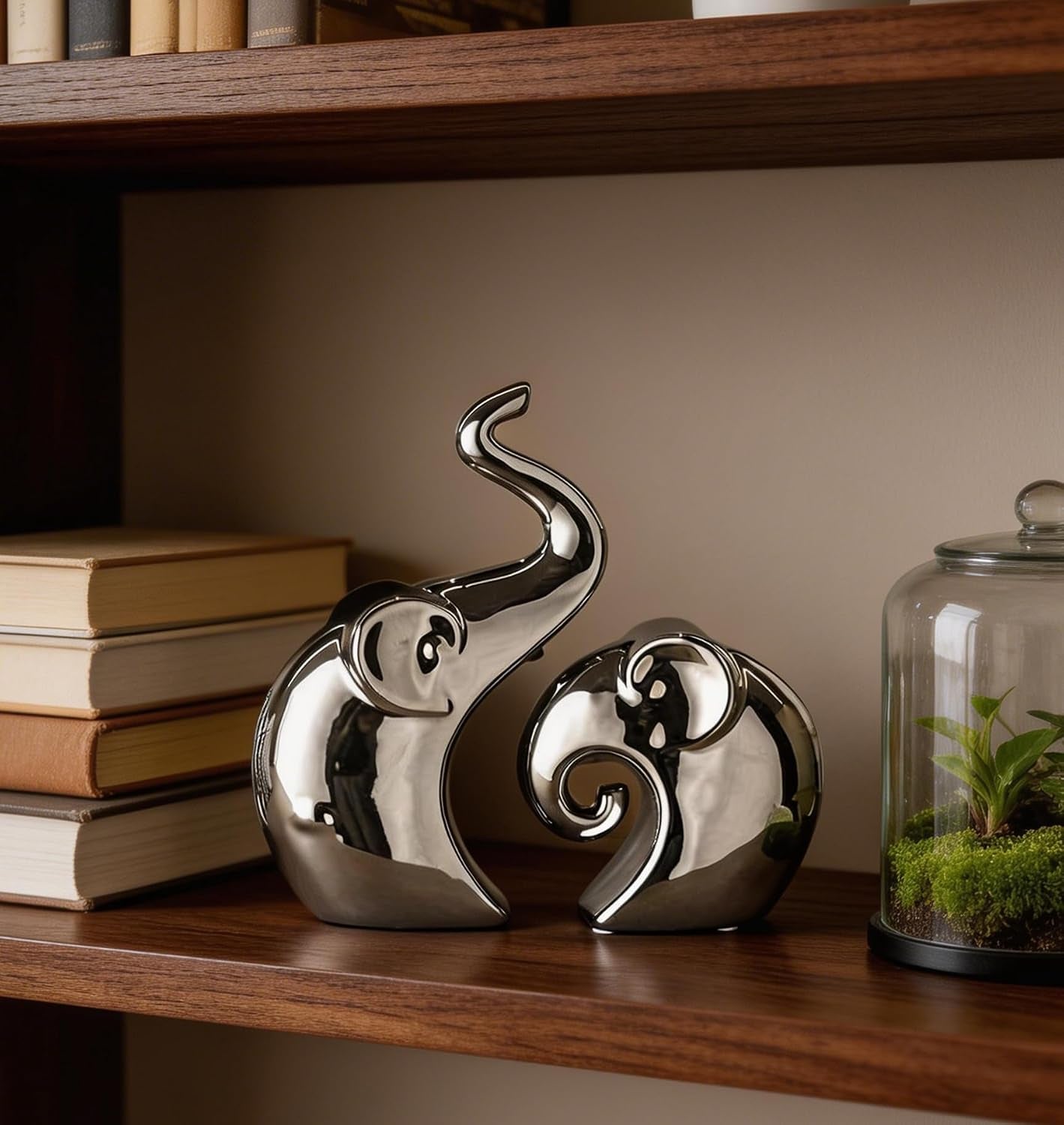 Couple Elephant Statues, Silver Ceramic Figurines for Romance Home & Wedding Decor