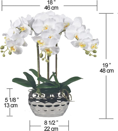 Artificial Orchid Plants & Flowers Arrangement in Ceramic Pot, Fake Faux White Orchid with Silver Vase, Faux Orchids for Home Decor Indoor