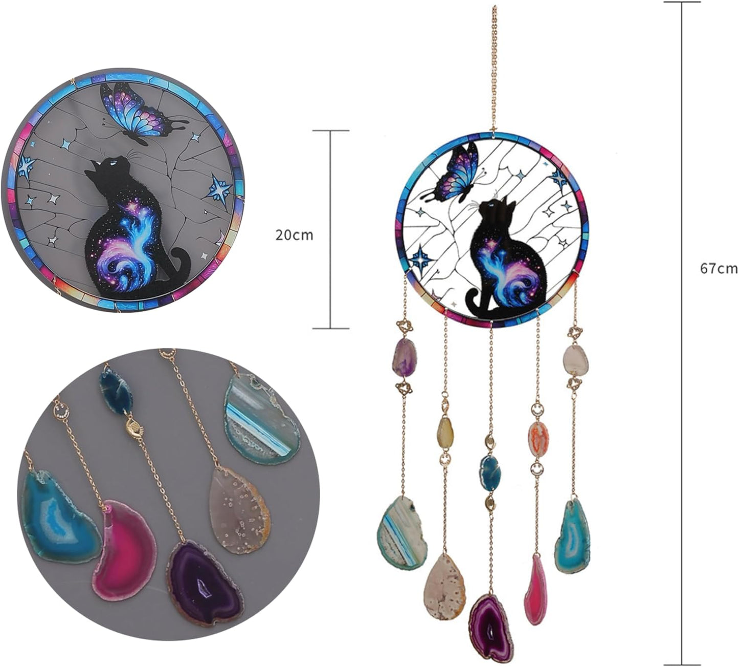 Butterfly Black Cat Acrylic Window Hanging Suncatcher,Natural Agate Gem Dream Catchers Crystal Wind Chime for Home Garden Decor, Cat Lovers Gifts Ornament for Women (Butterfly&Cat Pattern)