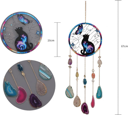 Butterfly Black Cat Acrylic Window Hanging Suncatcher,Natural Agate Gem Dream Catchers Crystal Wind Chime for Home Garden Decor, Cat Lovers Gifts Ornament for Women (Butterfly&Cat Pattern)