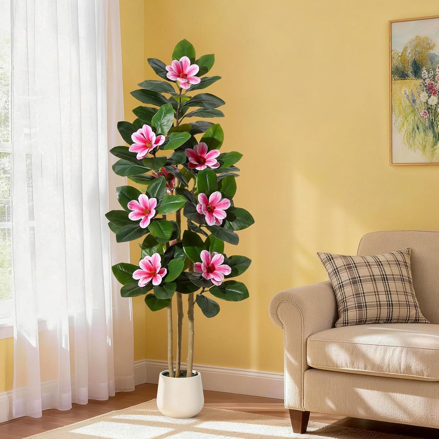 Faux Rubber Tree, 60 Inch Artificial Plants Indoor with Real Touch Leaves and Multi Trunks, Artificial Tree Fake Potted Plants with Pink Flowers for Home Decor Office Living Room