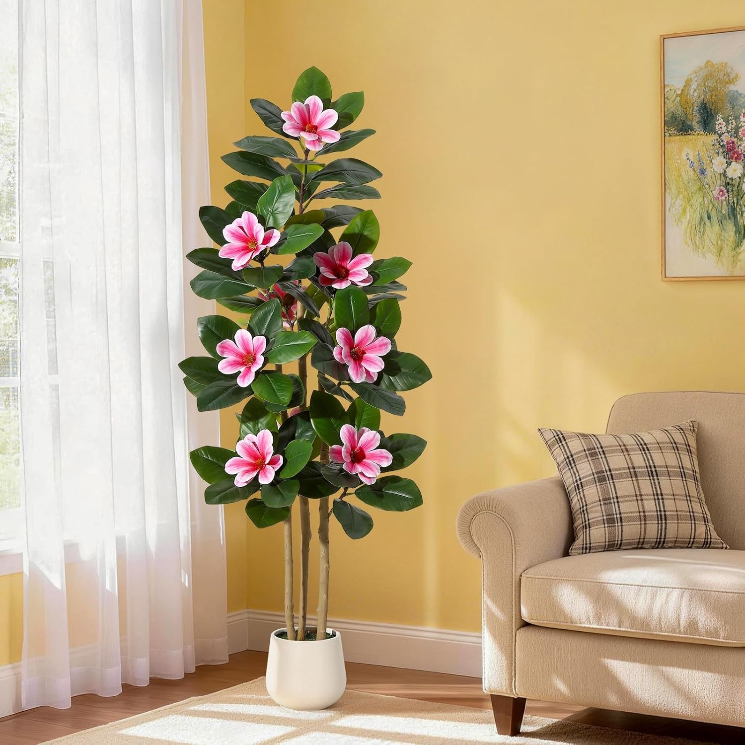 Faux Rubber Tree, 60 Inch Artificial Plants Indoor with Real Touch Leaves and Multi Trunks, Artificial Tree Fake Potted Plants with Pink Flowers for Home Decor Office Living Room
