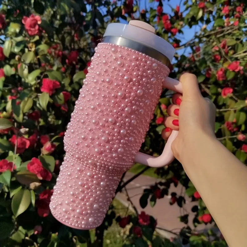 40Oz Diamond Thermos Cup with Handle 304 Stainless Steel Vacuum Flasks Portable Car Coffee Cup Insulated Thermal Water Bottles