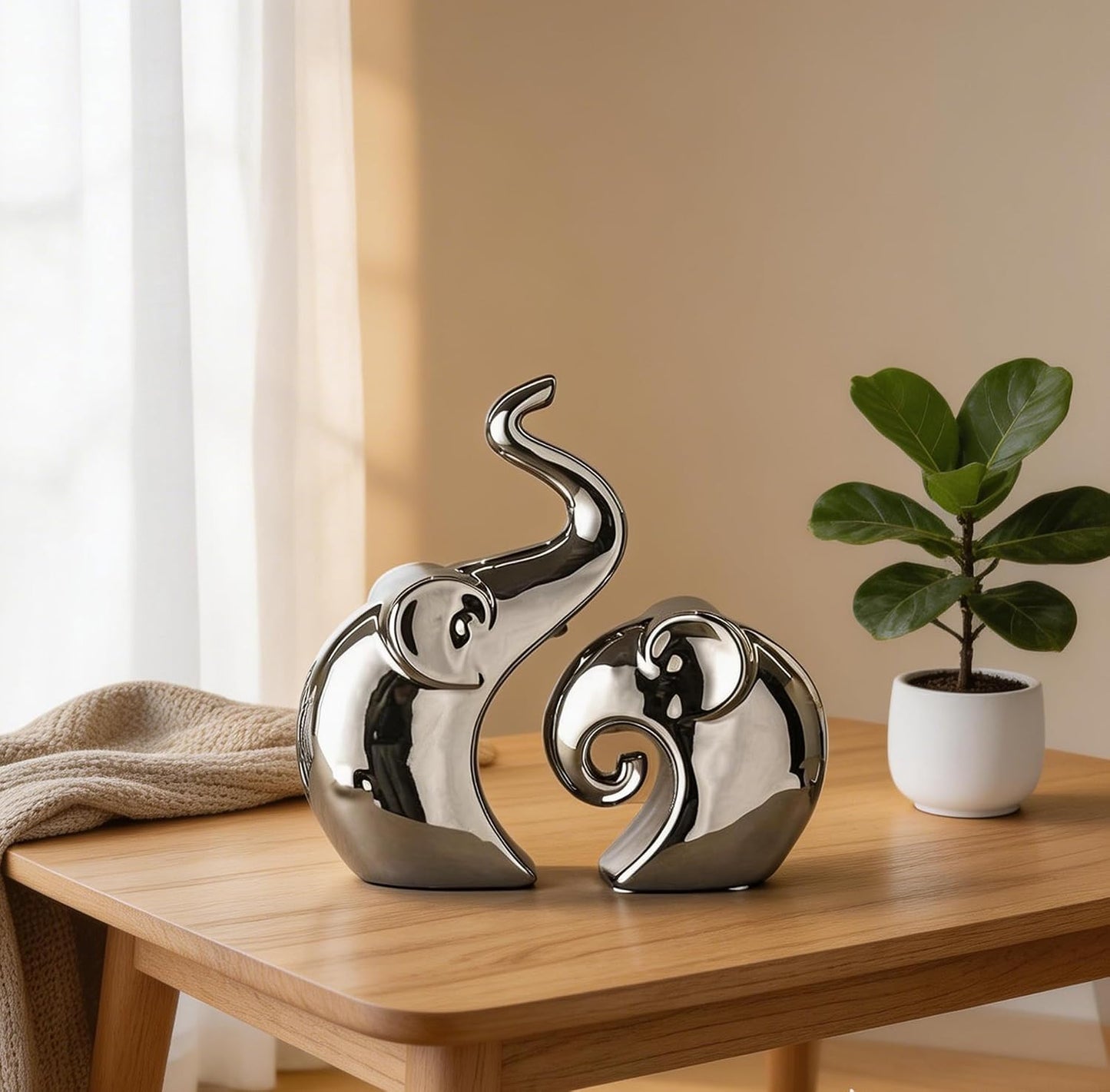 Couple Elephant Statues, Silver Ceramic Figurines for Romance Home & Wedding Decor