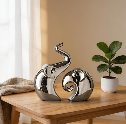 Couple Elephant Statues, Silver Ceramic Figurines for Romance Home & Wedding Decor