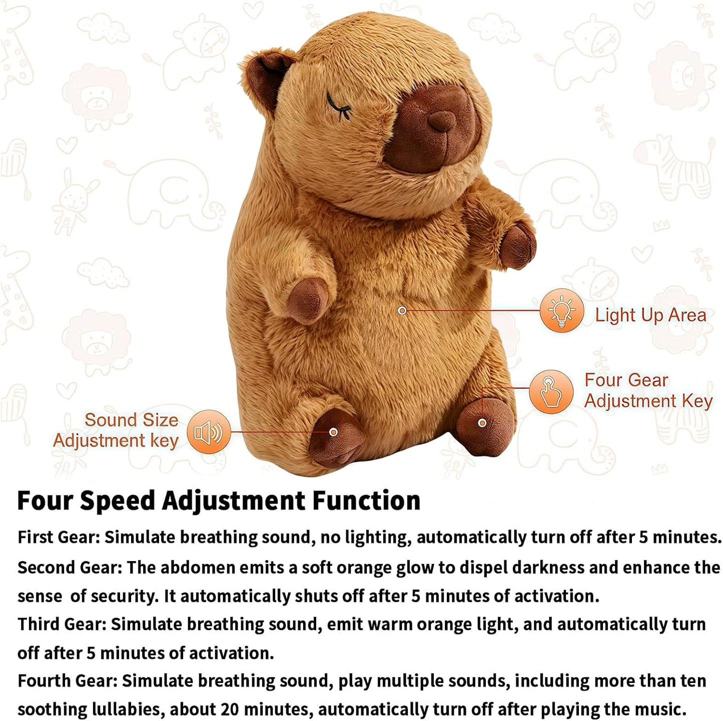 Breathing Stuffed Animal, Breathing Plush, Simulated Breathing Sounds, 4 Gear Adjustment, Volume Control, Portable Plush Toy with Music & Lights