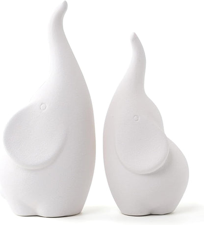 A Pair White Elephant Figurine Home Decor, Modern Style Ceramic Elephant Statues for Accents Living Room Office Table Bookshelf Desk Bedroom Decoration