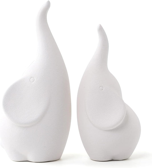 A Pair White Elephant Figurine Home Decor, Modern Style Ceramic Elephant Statues for Accents Living Room Office Table Bookshelf Desk Bedroom Decoration