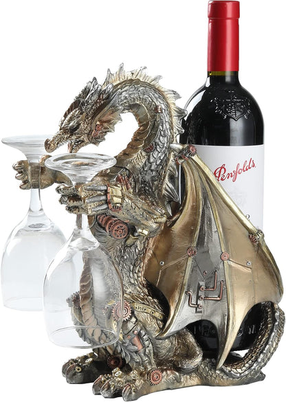 Steampunk Dragon Wine Bottle Wine Holder Statue with Two Wine Glasses Holder Wine Rack Gothic Decor Metallic Look for Home Man Cave Decor Gifts for Men 11.6''High