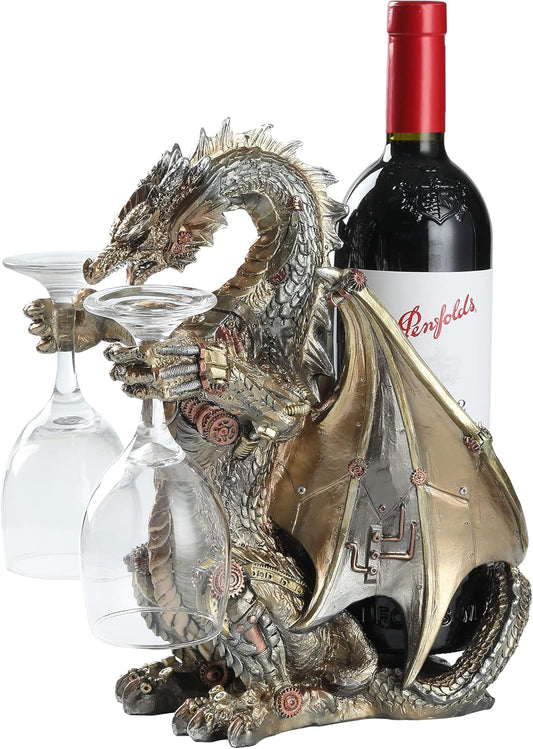 Steampunk Dragon Wine Bottle Wine Holder Statue with Two Wine Glasses Holder Wine Rack Gothic Decor Metallic Look for Home Man Cave Decor Gifts for Men 11.6''High