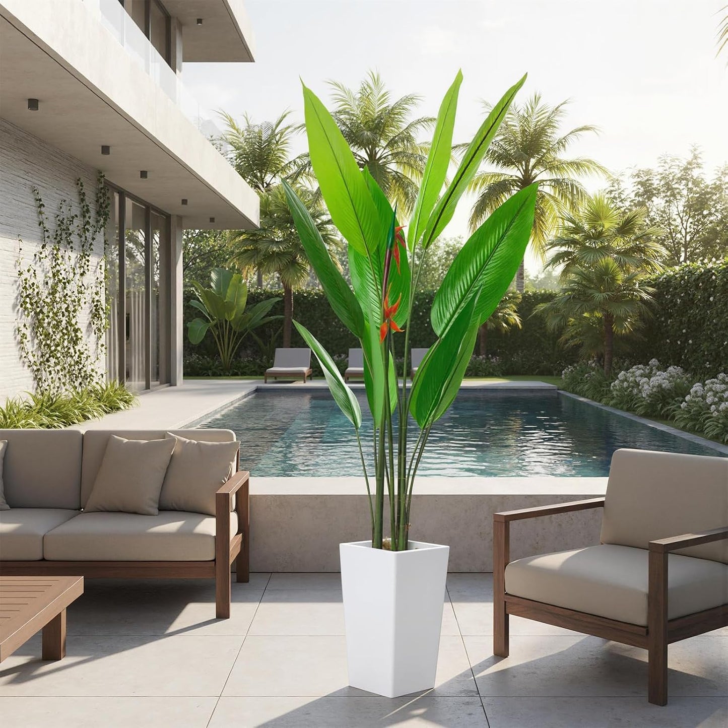 5.6 FT Artificial Bird of Paradise Tree with Artificial Flowers, Faux Artificial Plants for Indoor&Outdoor with 12 Leaves Fake Banana Leaf Plant Artificial Palm Tree with White Tall Planter