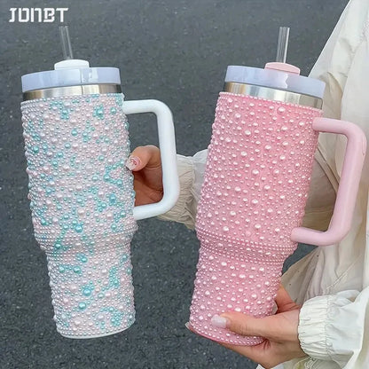 40Oz Diamond Thermos Cup with Handle 304 Stainless Steel Vacuum Flasks Portable Car Coffee Cup Insulated Thermal Water Bottles