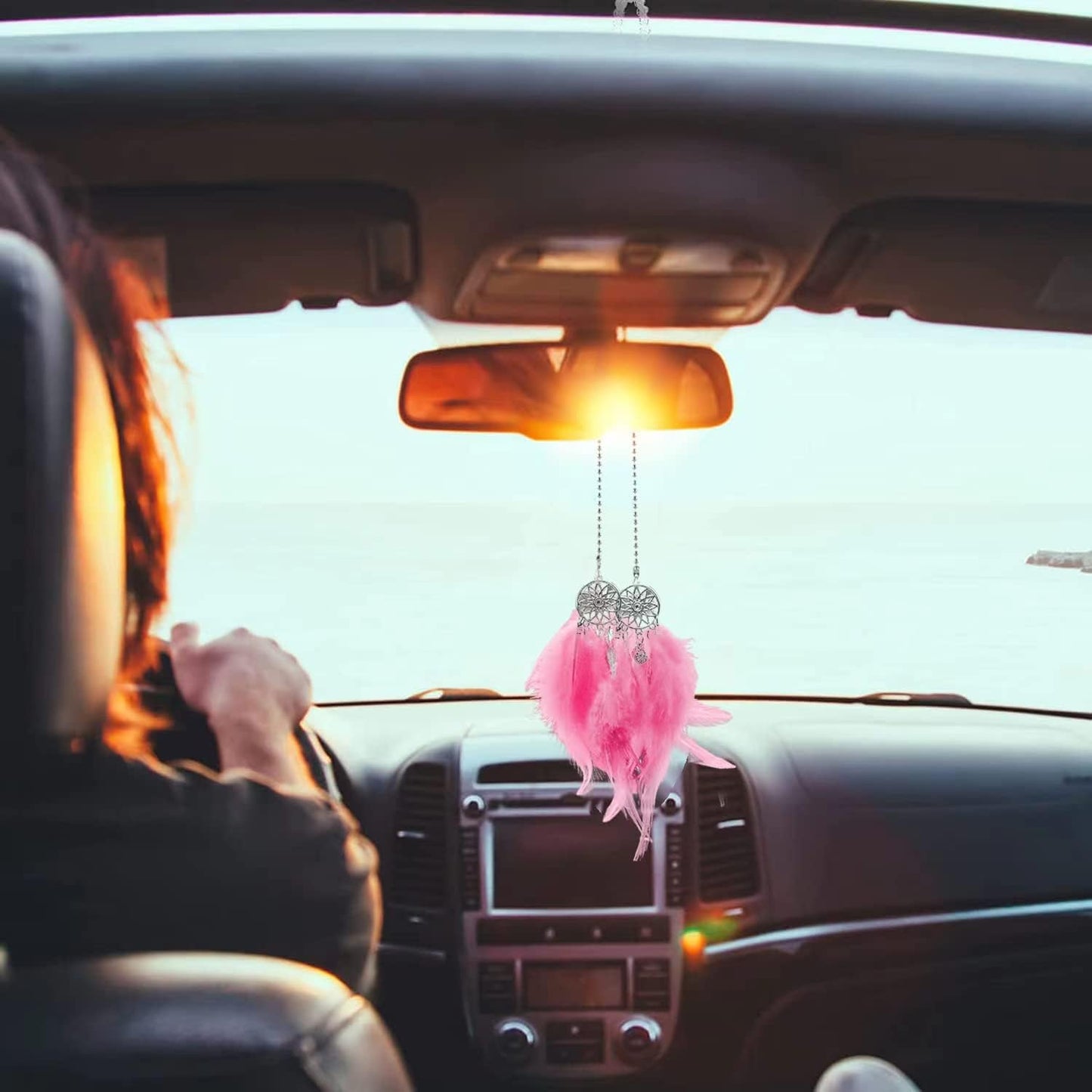 Dream Catcher Car Interior Rearview Hanging Decor Car Decorations for Women Feather Boho Hanging Decorations(Pink)