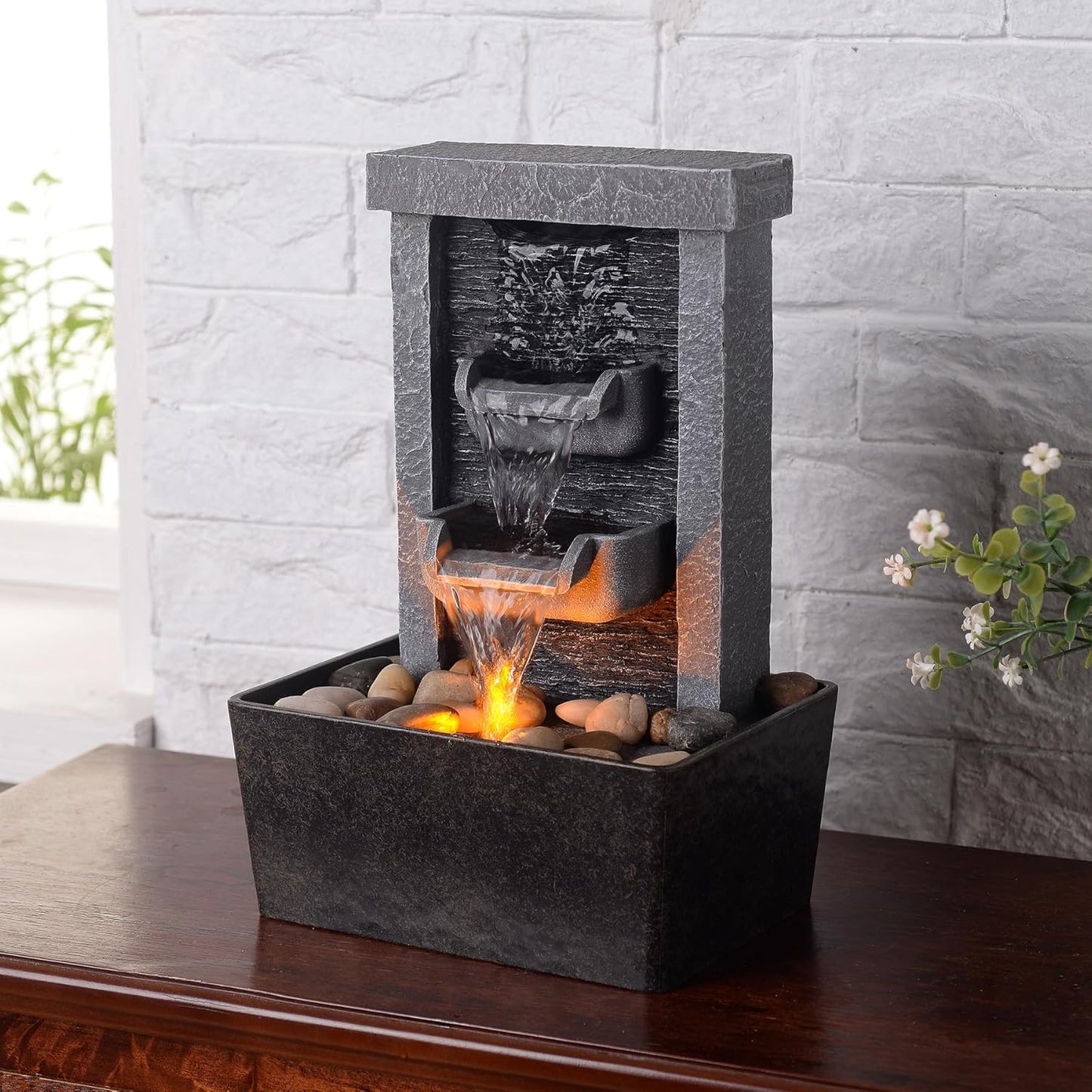 Indoor Waterfall Fountain, 10.3" Tabletop Water Fountain with LED Lights & River Rocks, Relaxing Home Office Decor