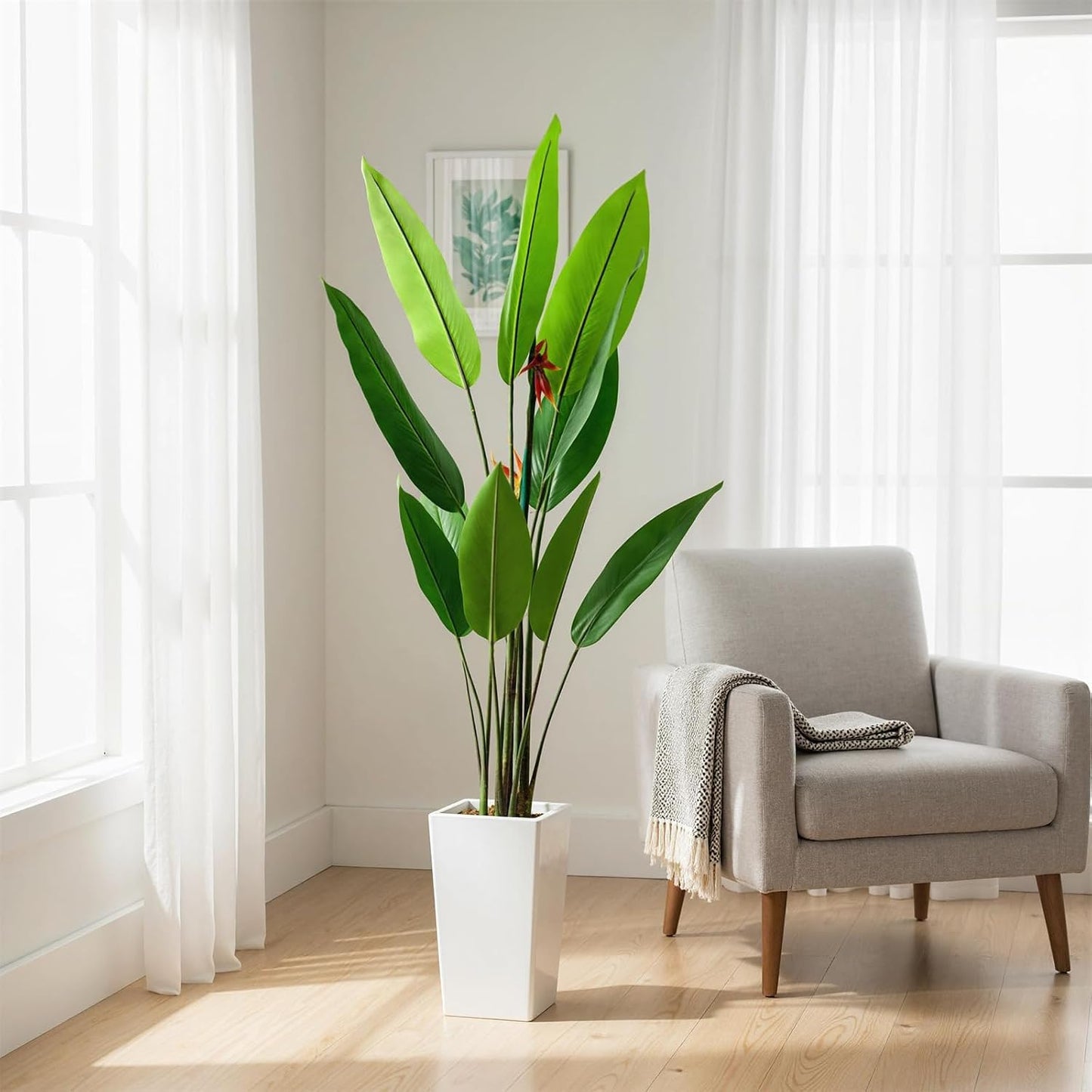 5.6 FT Artificial Bird of Paradise Tree with Artificial Flowers, Faux Artificial Plants for Indoor&Outdoor with 12 Leaves Fake Banana Leaf Plant Artificial Palm Tree with White Tall Planter