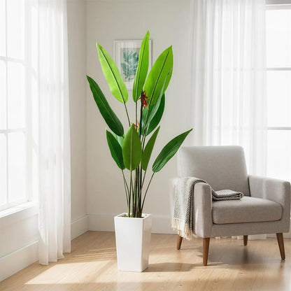 5.6 FT Artificial Bird of Paradise Tree with Artificial Flowers, Faux Artificial Plants for Indoor&Outdoor with 12 Leaves Fake Banana Leaf Plant Artificial Palm Tree with White Tall Planter