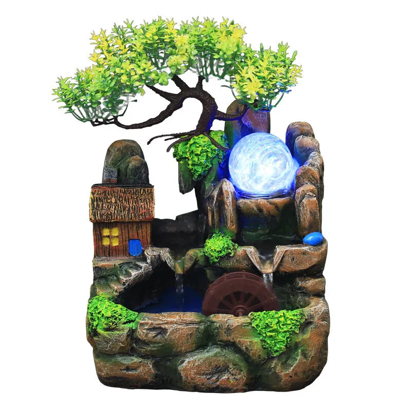 Led Lights Resin Rockery Flowing Water Fountain Lucky Feng Shui Wheel Office Desktop Ornaments with Nebulizer Home Decoration