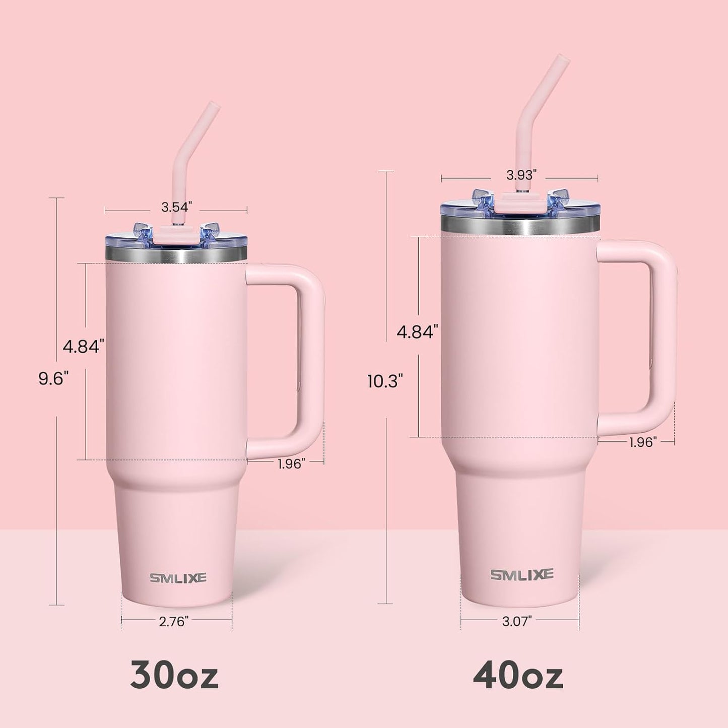 30 Oz Tumbler with Handle, Tumbler with Lid and Straw, Double Wall Vacuum Insulated Travel Mug Stainless Steel Tumbler for Hot and Cold, Cupholder Friendly (Pink)