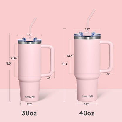 30 Oz Tumbler with Handle, Tumbler with Lid and Straw, Double Wall Vacuum Insulated Travel Mug Stainless Steel Tumbler for Hot and Cold, Cupholder Friendly (Pink)