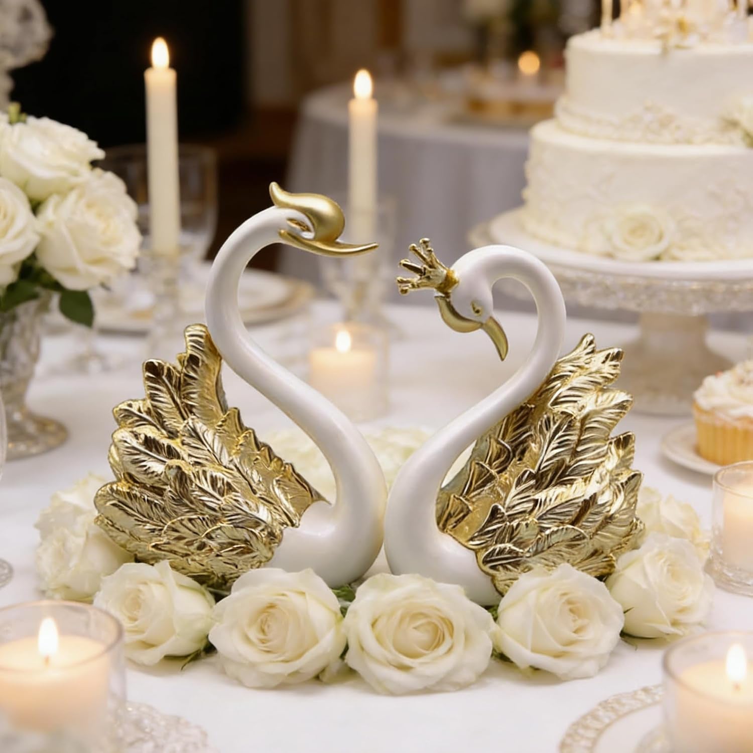 Swan Cake Toppers Set with Crown Swan Figurine Creative 2-Piece Cake Decoration for Birthday Wedding Desktop & Car Ornament