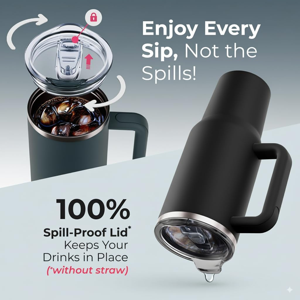 40 Oz Tumbler with Handle and Straw Made of Stainless Steel - Double Wall Vacuum Insulated Tumbler with Lid - Sweat Proof Easy Grip, Bpa-Free, Dishwasher Safe Tumbler (Black)