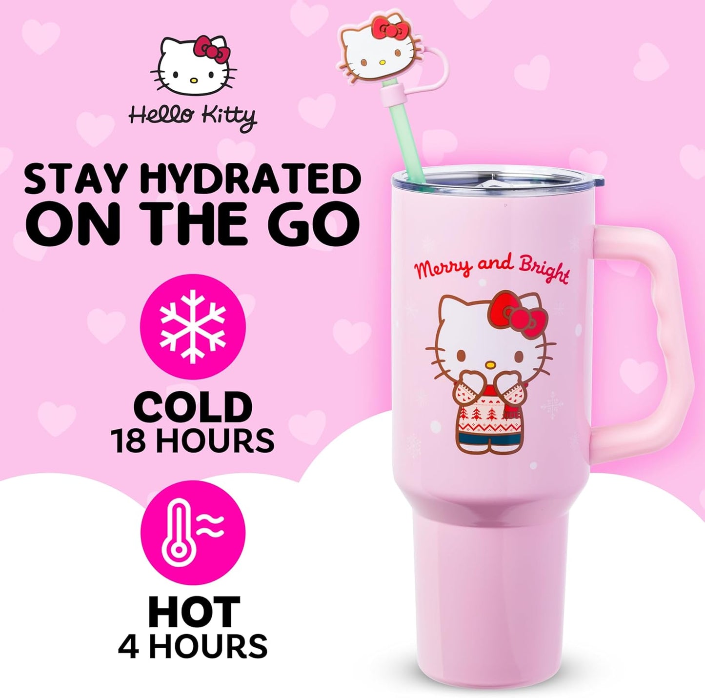 Sanrio Hello Kitty Christmas Holiday Sweater Merry and Bright Double Walled Stainless Steel Tumbler with Handle, Straw, and Straw Cap, Fits in Standard Cup Holder, 40 Ounces