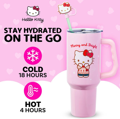 Sanrio Hello Kitty Christmas Holiday Sweater Merry and Bright Double Walled Stainless Steel Tumbler with Handle, Straw, and Straw Cap, Fits in Standard Cup Holder, 40 Ounces
