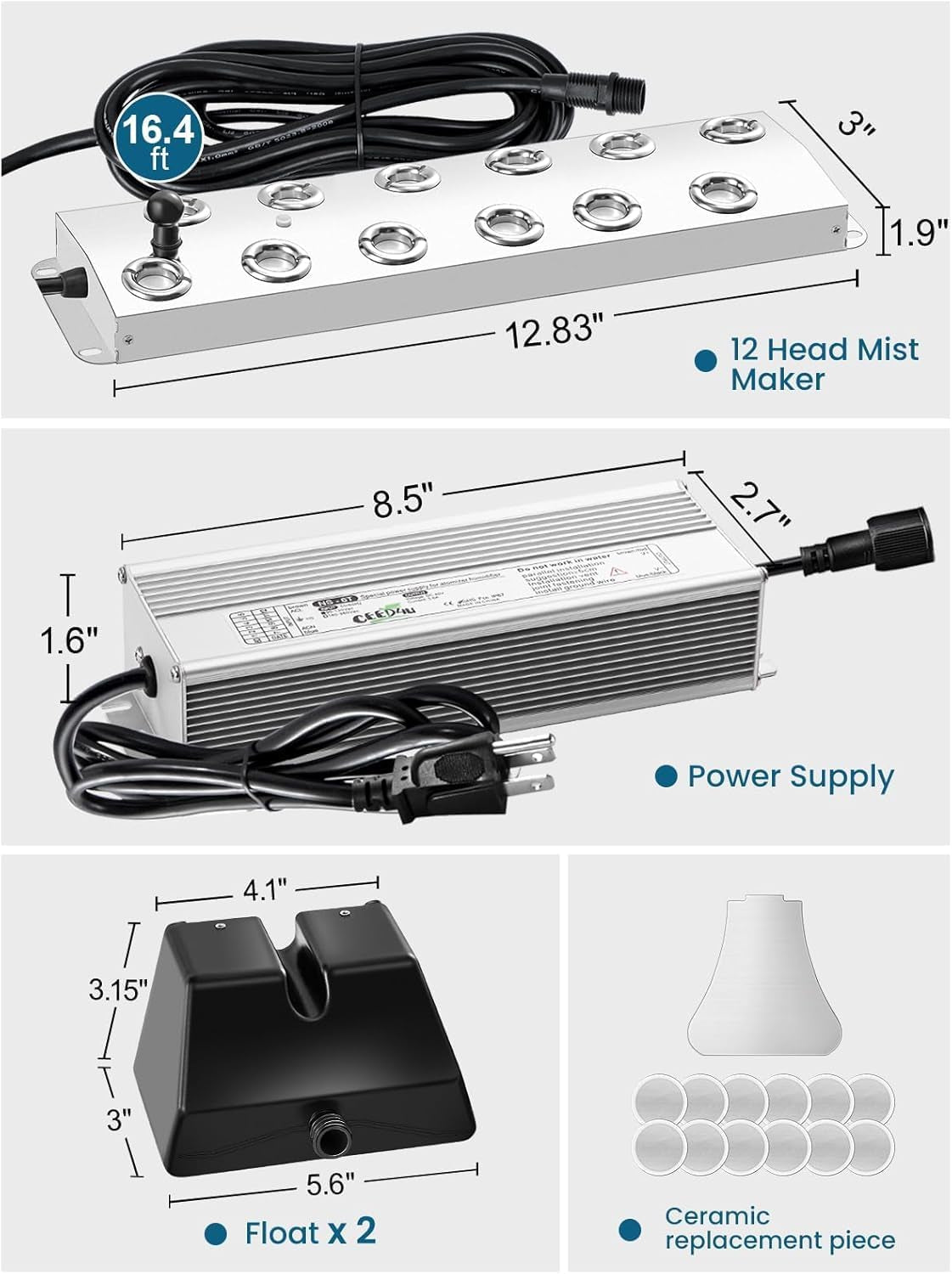 12 Head Ultrasonic Mist Maker, 9000Ml/H Ultrasonic Fogger, Pond Fogger with Float Buoy, IP67 Waterproof Mist Maker for Pond, Greenhouse, Water Fountain, Garden and Halloween Decoration