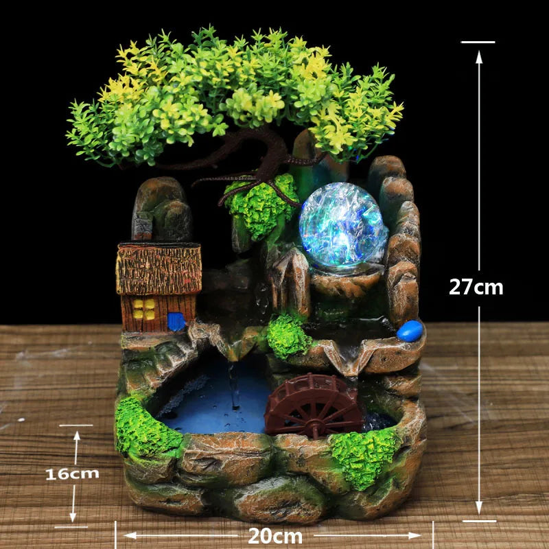 Led Lights Resin Rockery Flowing Water Fountain Lucky Feng Shui Wheel Office Desktop Ornaments with Nebulizer Home Decoration