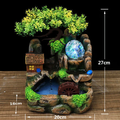 Led Lights Resin Rockery Flowing Water Fountain Lucky Feng Shui Wheel Office Desktop Ornaments with Nebulizer Home Decoration