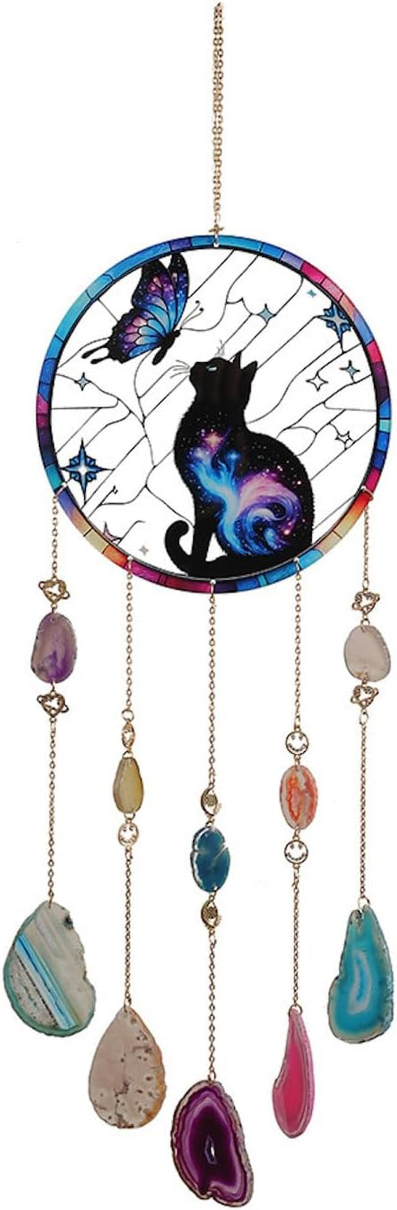 Butterfly Black Cat Acrylic Window Hanging Suncatcher,Natural Agate Gem Dream Catchers Crystal Wind Chime for Home Garden Decor, Cat Lovers Gifts Ornament for Women (Butterfly&Cat Pattern)