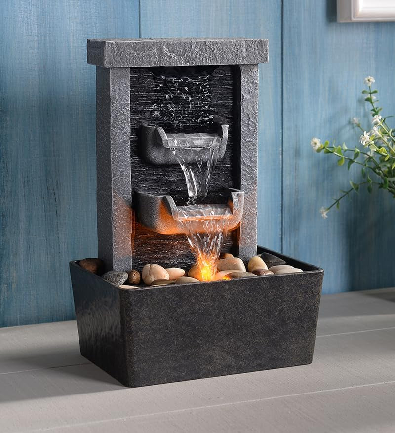Indoor Waterfall Fountain, 10.3" Tabletop Water Fountain with LED Lights & River Rocks, Relaxing Home Office Decor