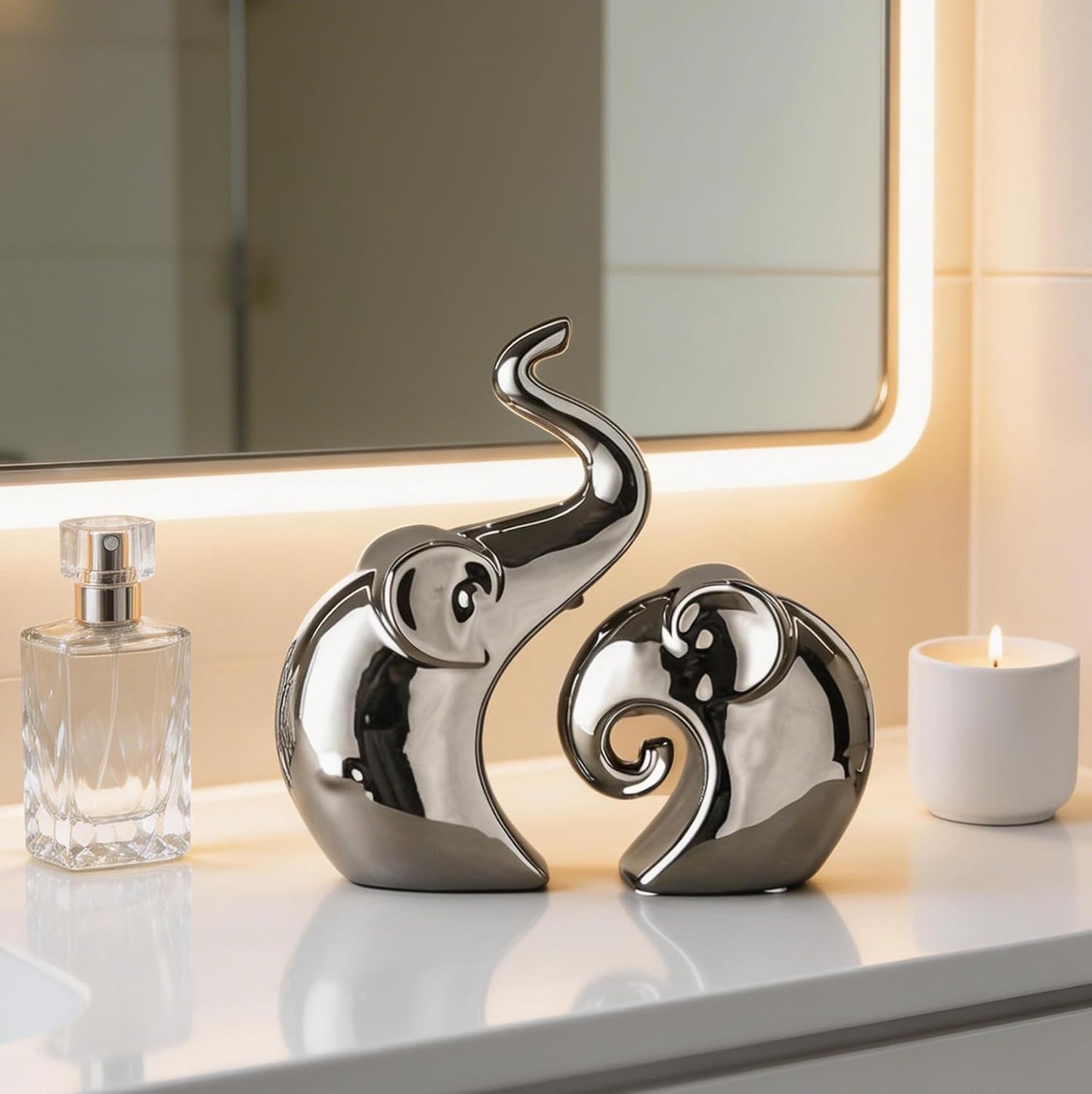 Couple Elephant Statues, Silver Ceramic Figurines for Romance Home & Wedding Decor