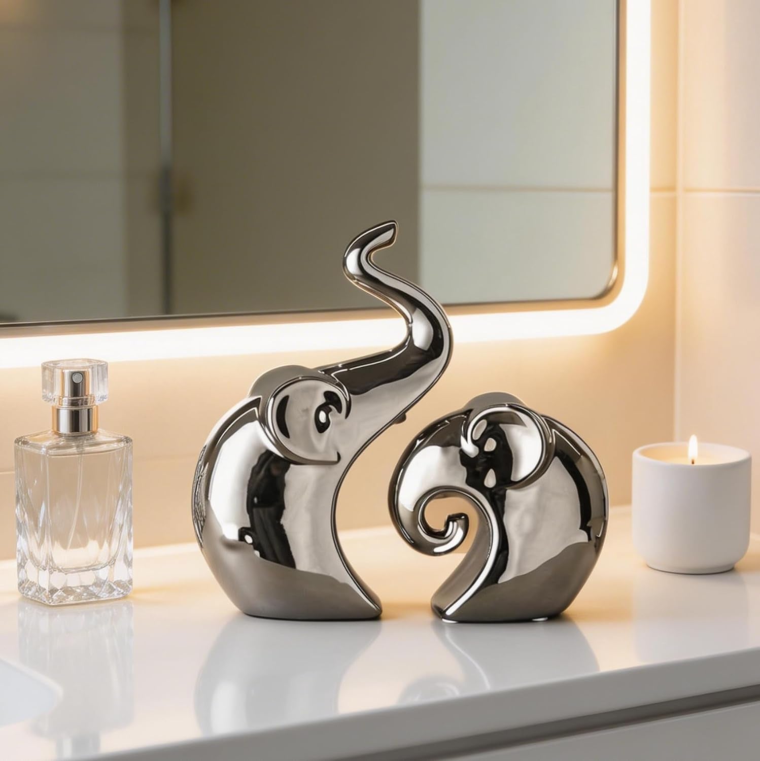 Couple Elephant Statues, Silver Ceramic Figurines for Romance Home & Wedding Decor