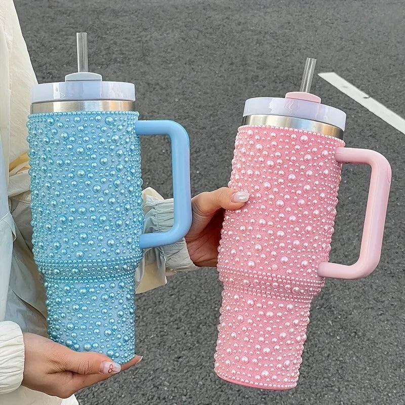 40Oz Diamond Thermos Cup with Handle 304 Stainless Steel Vacuum Flasks Portable Car Coffee Cup Insulated Thermal Water Bottles