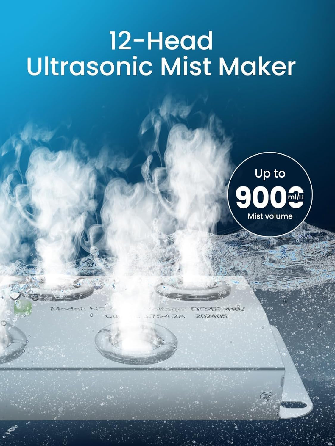 12 Head Ultrasonic Mist Maker, 9000Ml/H Ultrasonic Fogger, Pond Fogger with Float Buoy, IP67 Waterproof Mist Maker for Pond, Greenhouse, Water Fountain, Garden and Halloween Decoration