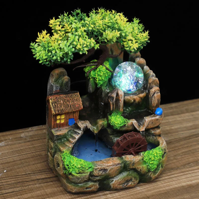 Led Lights Resin Rockery Flowing Water Fountain Lucky Feng Shui Wheel Office Desktop Ornaments with Nebulizer Home Decoration