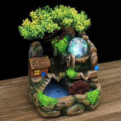 Led Lights Resin Rockery Flowing Water Fountain Lucky Feng Shui Wheel Office Desktop Ornaments with Nebulizer Home Decoration