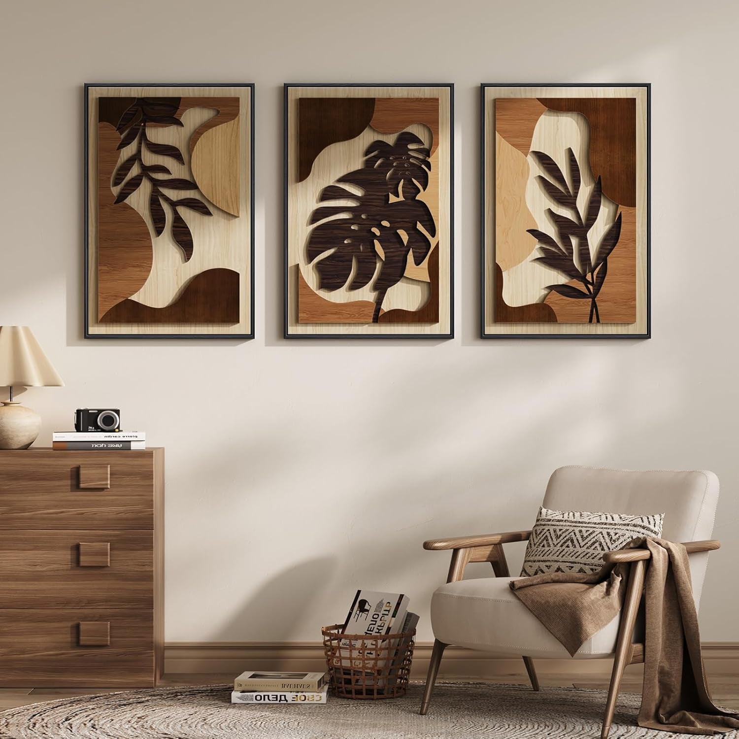 Framed Wood 3D Boho Textured Wall Art for Living Room, Large 3 Piece Carved Wooden Tropical Botanical Artwork for Walls, Brown Monstera Leaf Wood Bedroom Dining Room Home Office Wall Decor, 20X30 Inch