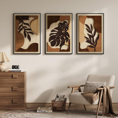 Framed Wood 3D Boho Textured Wall Art for Living Room, Large 3 Piece Carved Wooden Tropical Botanical Artwork for Walls, Brown Monstera Leaf Wood Bedroom Dining Room Home Office Wall Decor, 20X30 Inch