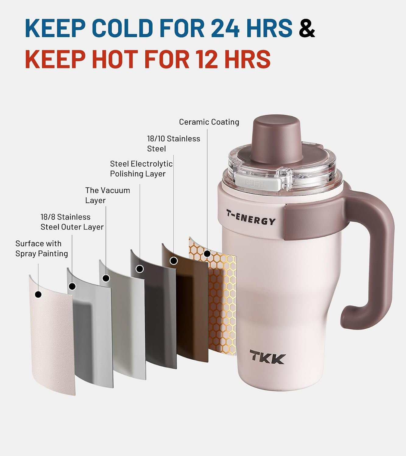 27 Oz Tumbler with Handle and Straw, Ceramic Coating Insulated Bottle 100% Leakproof Travel Mug for Water, Iced Tea or Coffee, Smoothie, Cup Holder Friendly Base, Pink